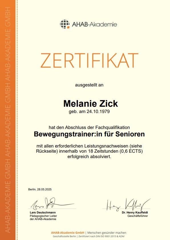 Zertifikat Bewegungstrainer für Senior:innen Seite 1